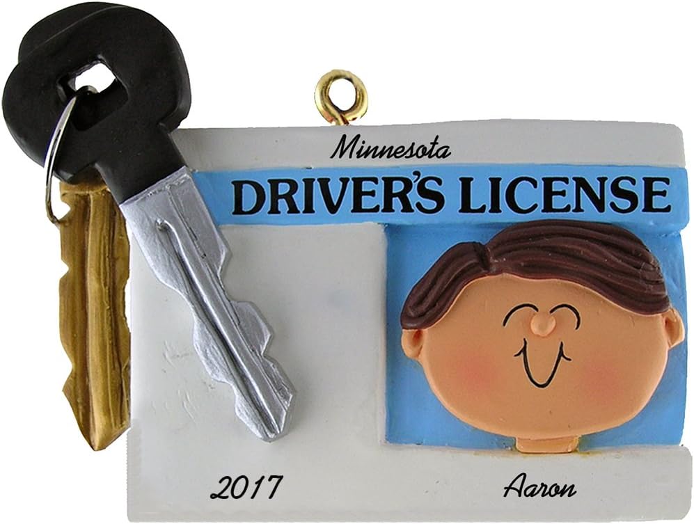 Adorno de Navidad personalizado para licencia de conducir, hombre, cabello castaño, resina pintada a mano, 2.75 pulgadas de alto, personalización