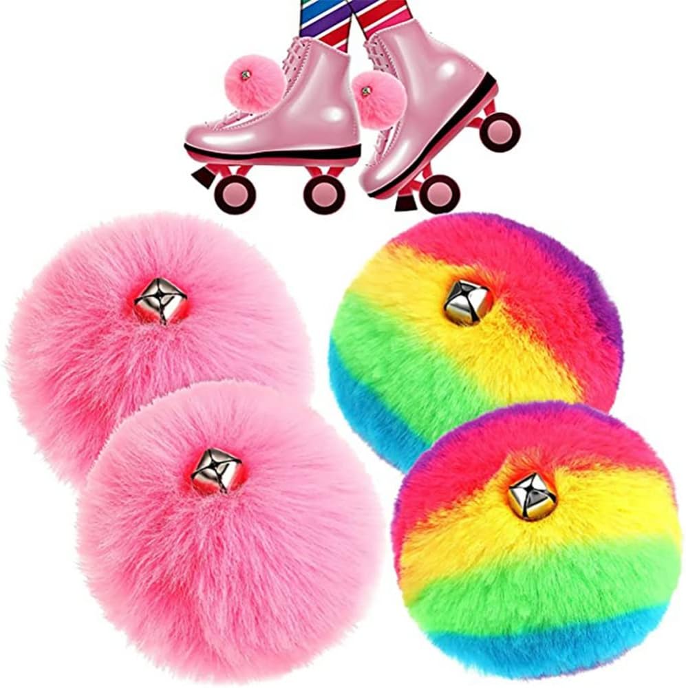 HOMU 2 pompones de patín con pompones de piel sintética para niñas y mujeres, con cascabeles y rodillos, con pompones y pompones de piel sintética,