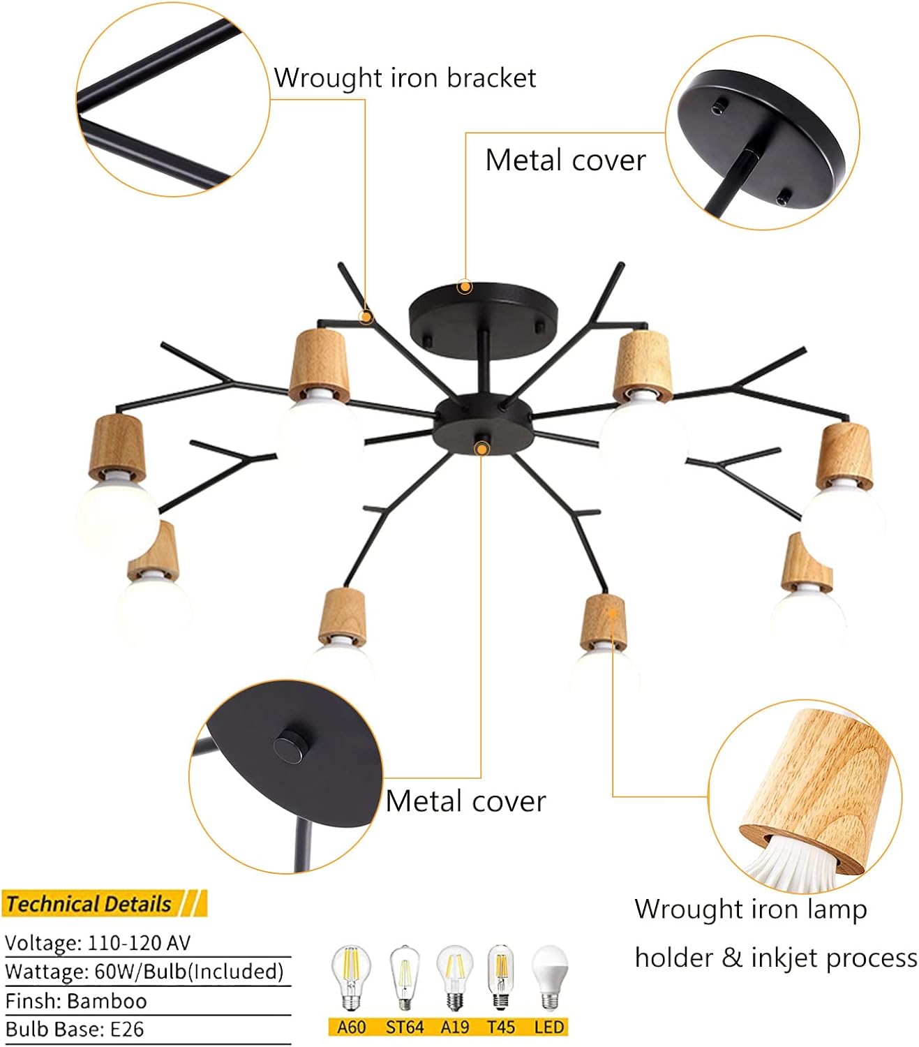 Lámpara de techo moderna de 6 luces, enchufe de bombilla E26 de montaje semiempotrado, lámpara de araña negra y dorada para dormitorio, sala de