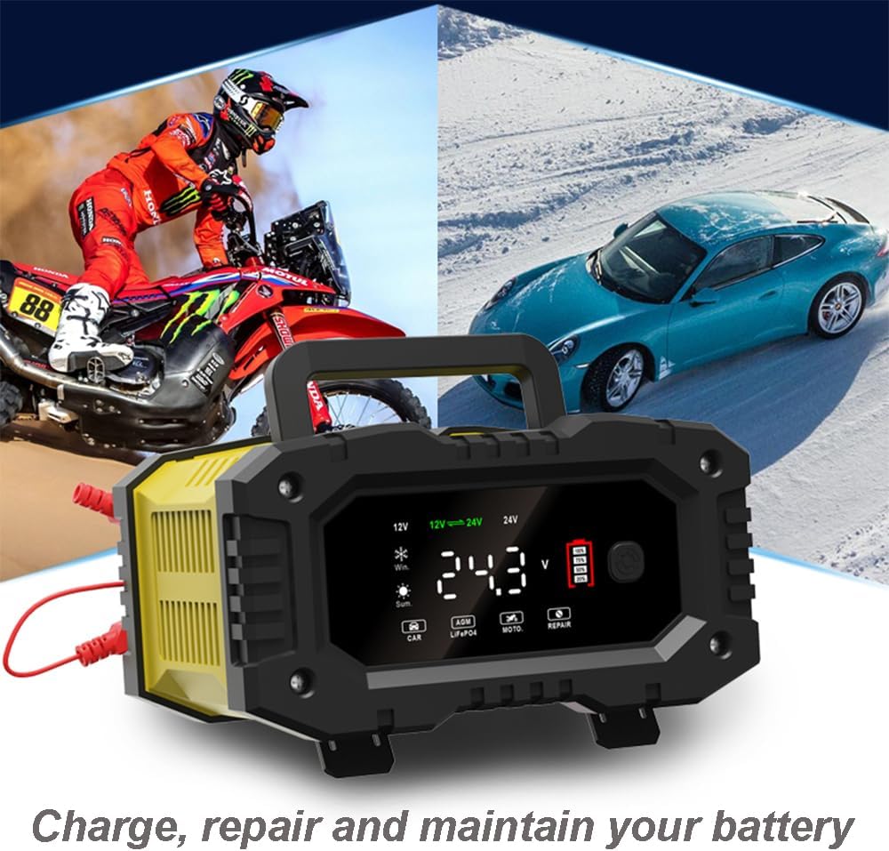 Cargador de batería de coche de 10 amperios, LiFePO4plomo-ácido de 12 V y 24 V (AGMGelSLA..) Cargador de batería automotriz, mantenedor de batería,