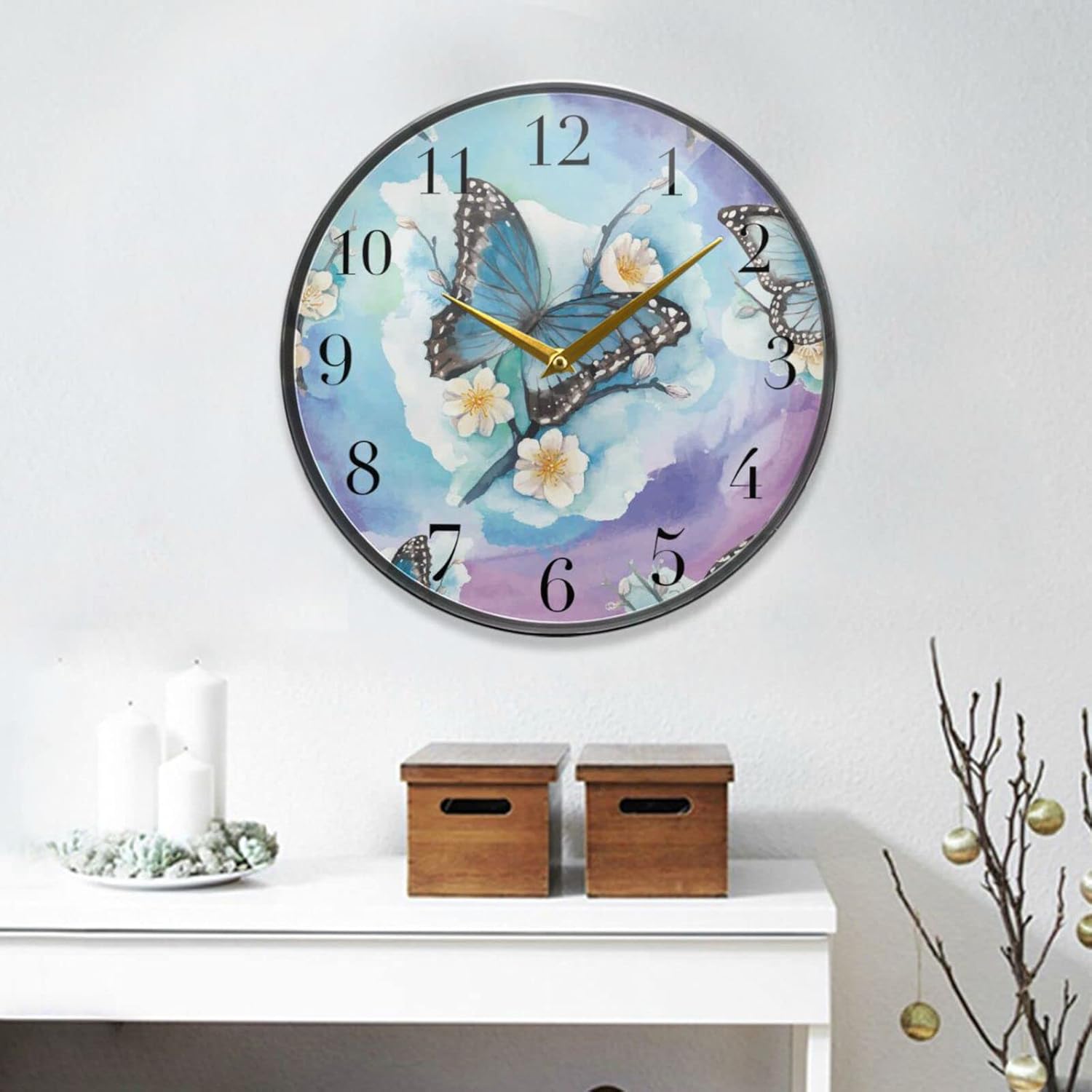 xigua Reloj de pared acrílico con diseño de flores de mariposa y acuarela, silencioso, funciona con pilas, 11.9 pulgadas para el hogar, dormitorio,