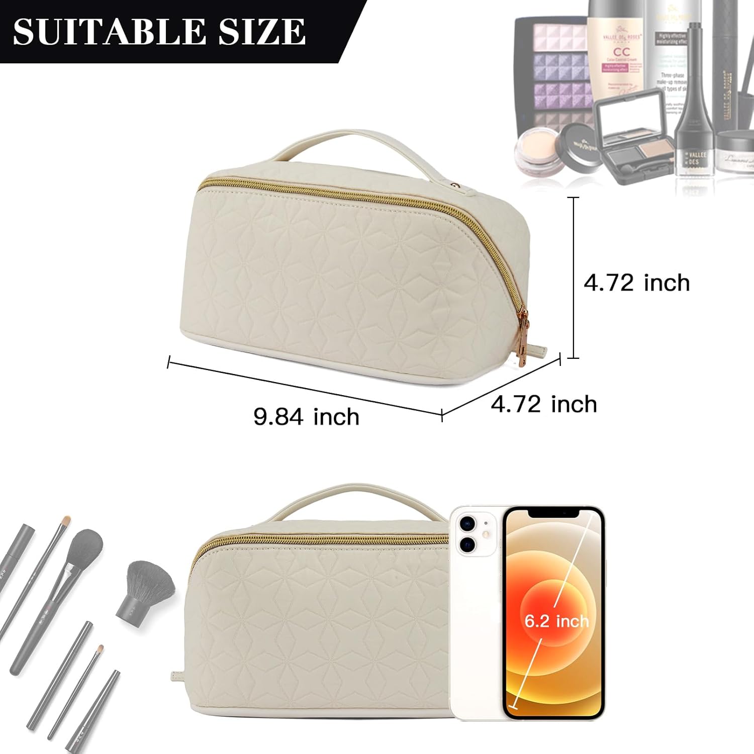 Telena Bolsa de maquillaje de gran capacidad, bolsa de cosméticos portátil de piel sintética resistente al agua, bolsas organizadoras de maquillaje
