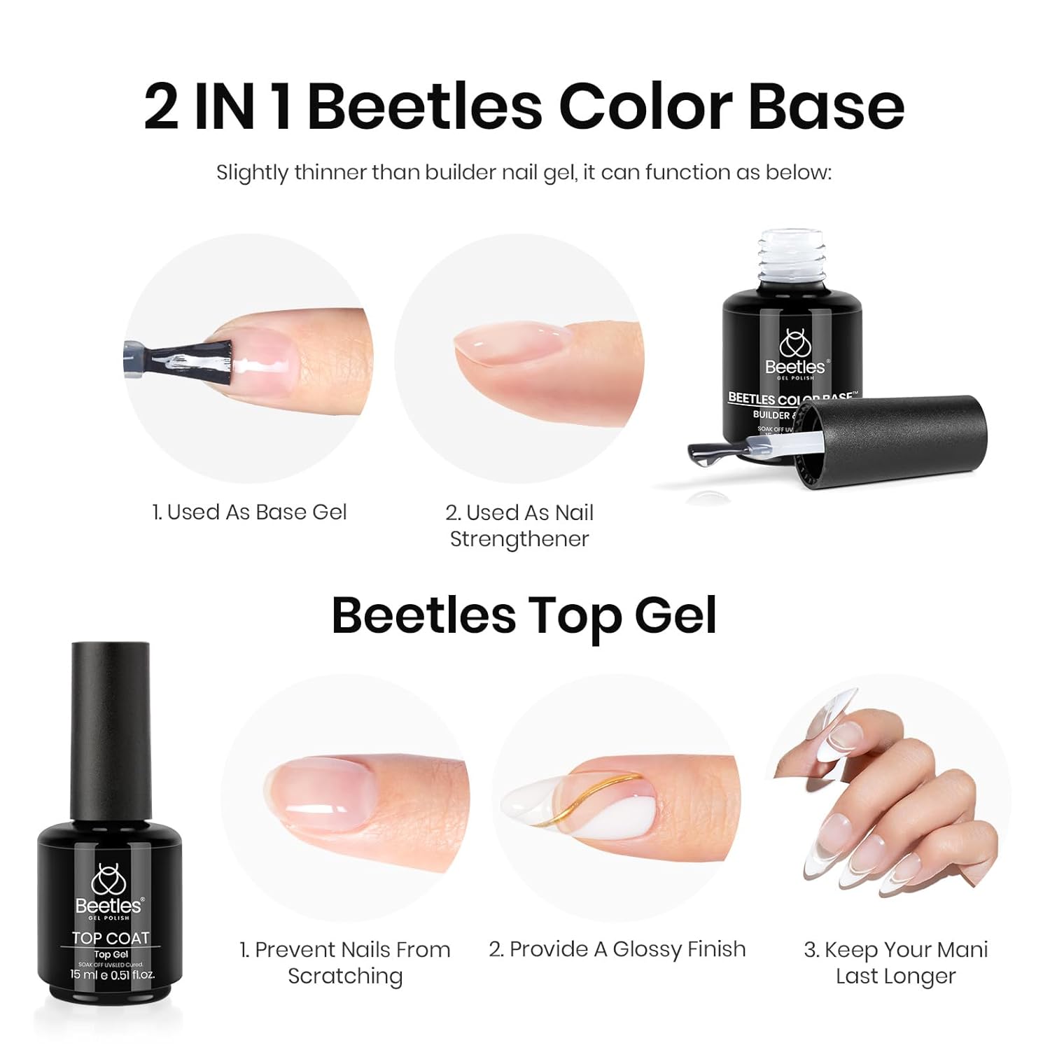 Beetles 2 en 1 Builder – Esmalte de gel de uñas base y superior para uñas, 0.5 onzas líquidas, gel fortalecedor de uñas transparente neutro y capa