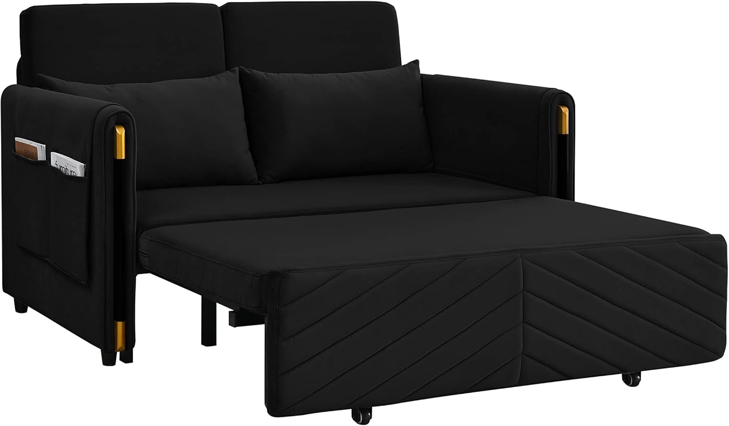 Moderno sofá cama convertible con 2 bolsillos desmontables en los brazos, sofá biplaza de terciopelo ajustable multiposición con cama extraíble con
