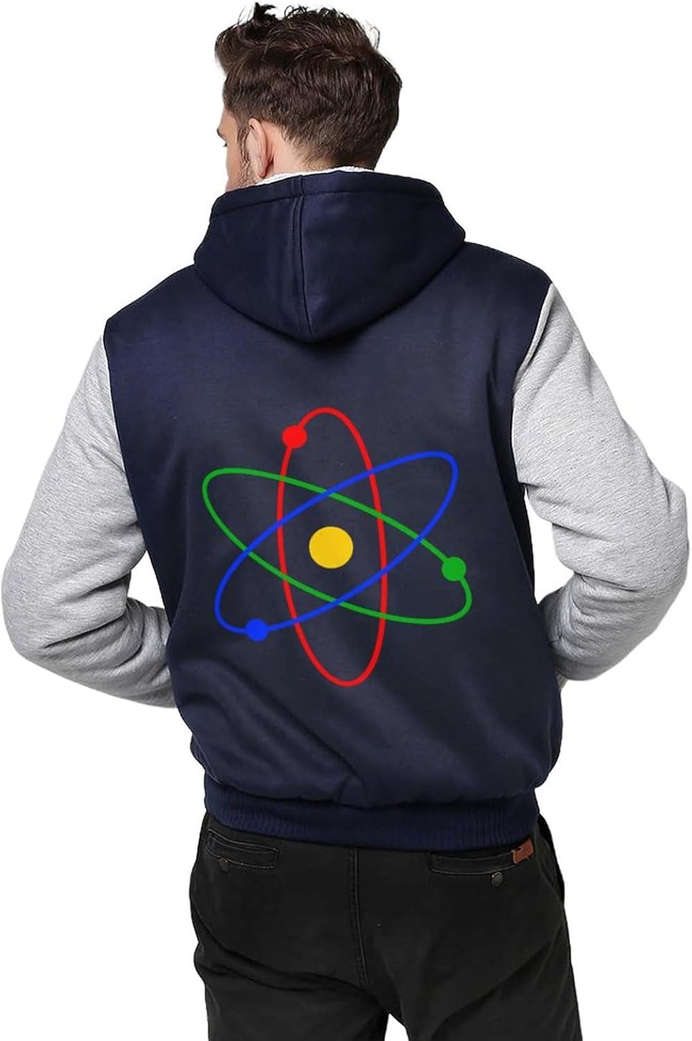 Science Atom Logo Men’s Zippered Up Hoodie Winter Heavyweight Sweatshirt Print Thick Jacket with Pocket