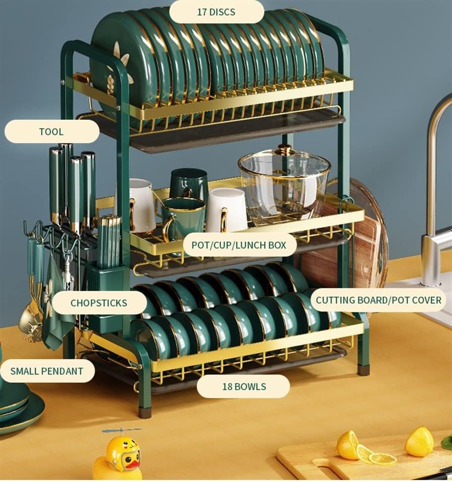 Escurridor de platos con escurridor de 2 niveles de acero inoxidable para encimera de cocina, escurridor de platos de 3 capas, estante organizador