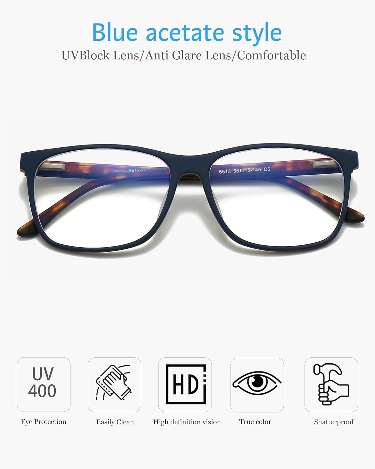 ANRRI Lentes de bloqueo de luz azul, antifatiga ocular, marco de gafas de acetato de moda con estampado de tortuga interior para mujer