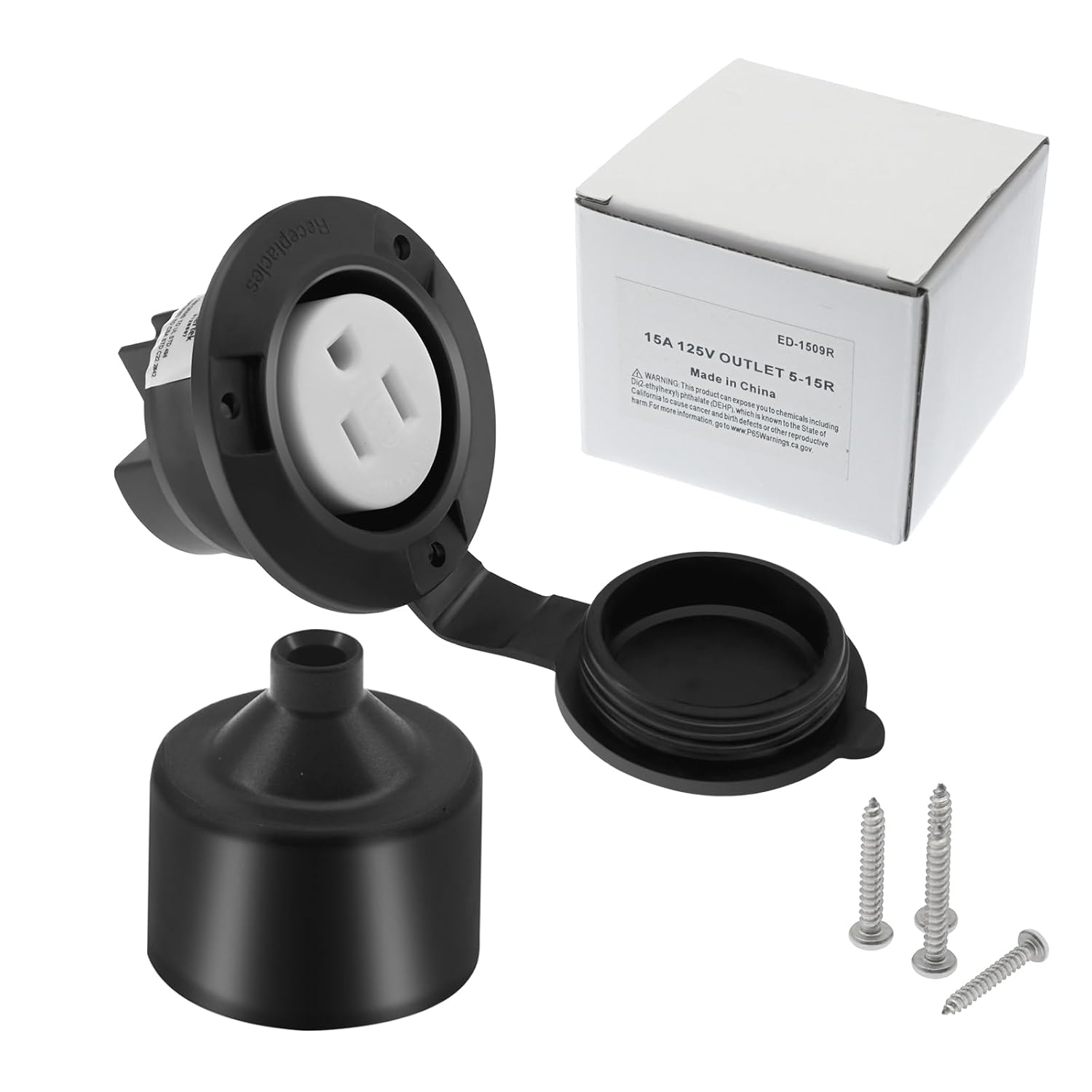 Miady Toma de corriente con brida de 15 amperios de 125 V, NEMA 5-15 con bridas receptáculo de salida con tapas delanteras y traseras impermeables,