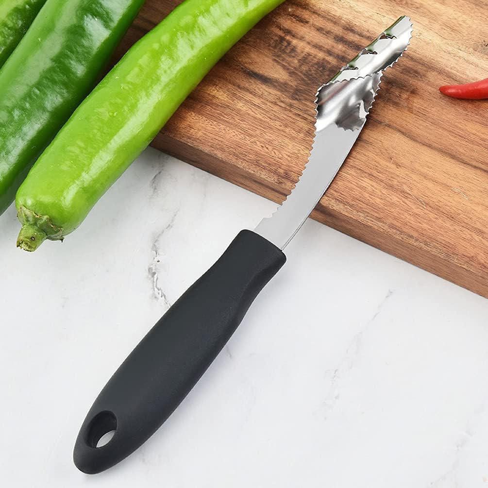 Jalapeno – Cortador de pimienta de acero inoxidable para picador de pimienta con rebanada dentada y mango de goma, fácil de quitar semillas para