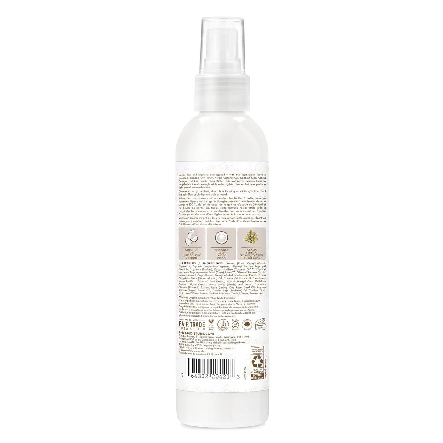 SheaMoisture Tratamiento acondicionador sin enjuague para todo tipo de cabello, aceite de coco 100% extra virgen y crema para mejorar los rizos de