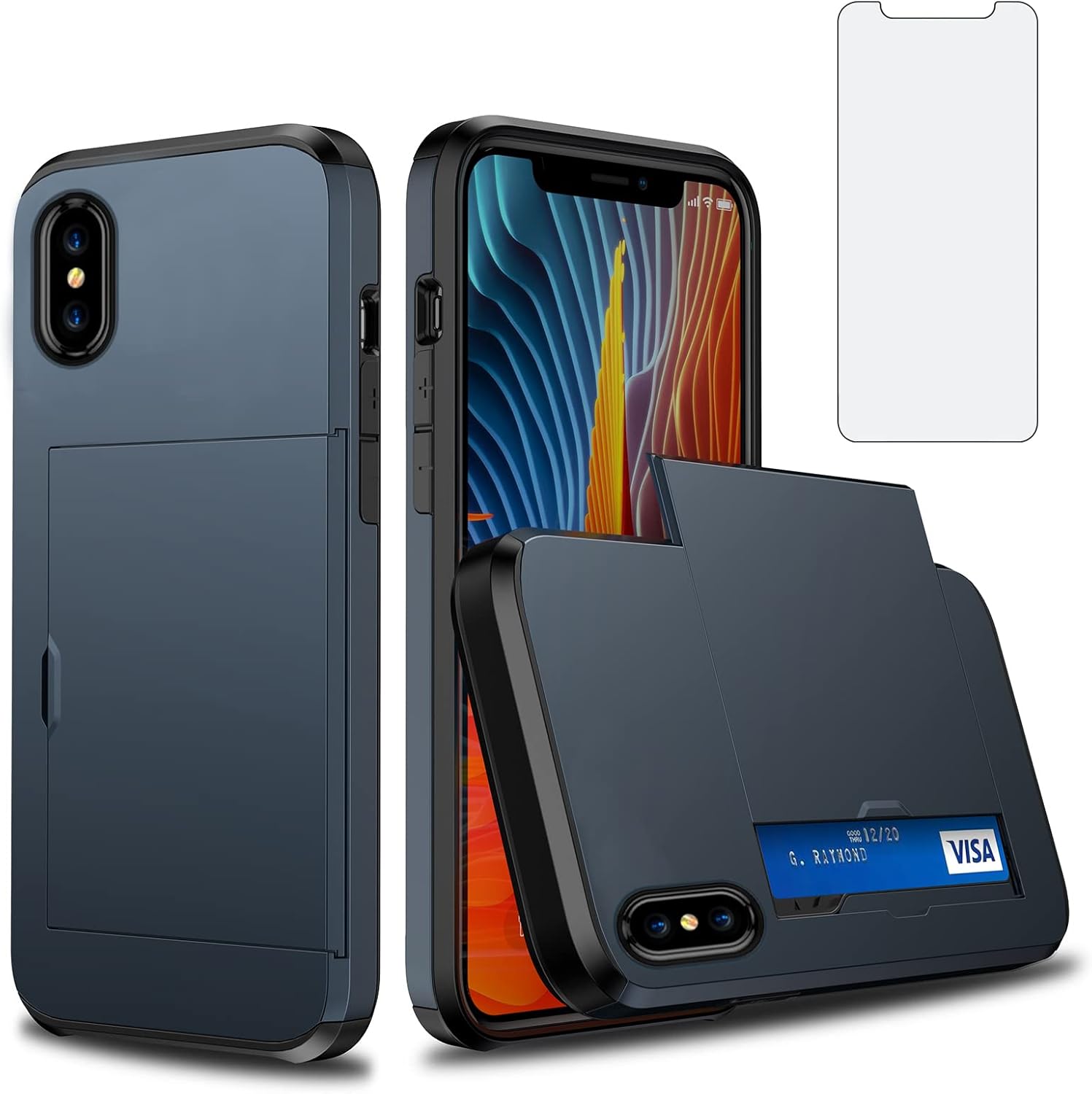 Asuwish Funda de teléfono para iPhone Xs Max con protector de pantalla de vidrio templado y tarjetero para tarjetas de crédito, funda rígida