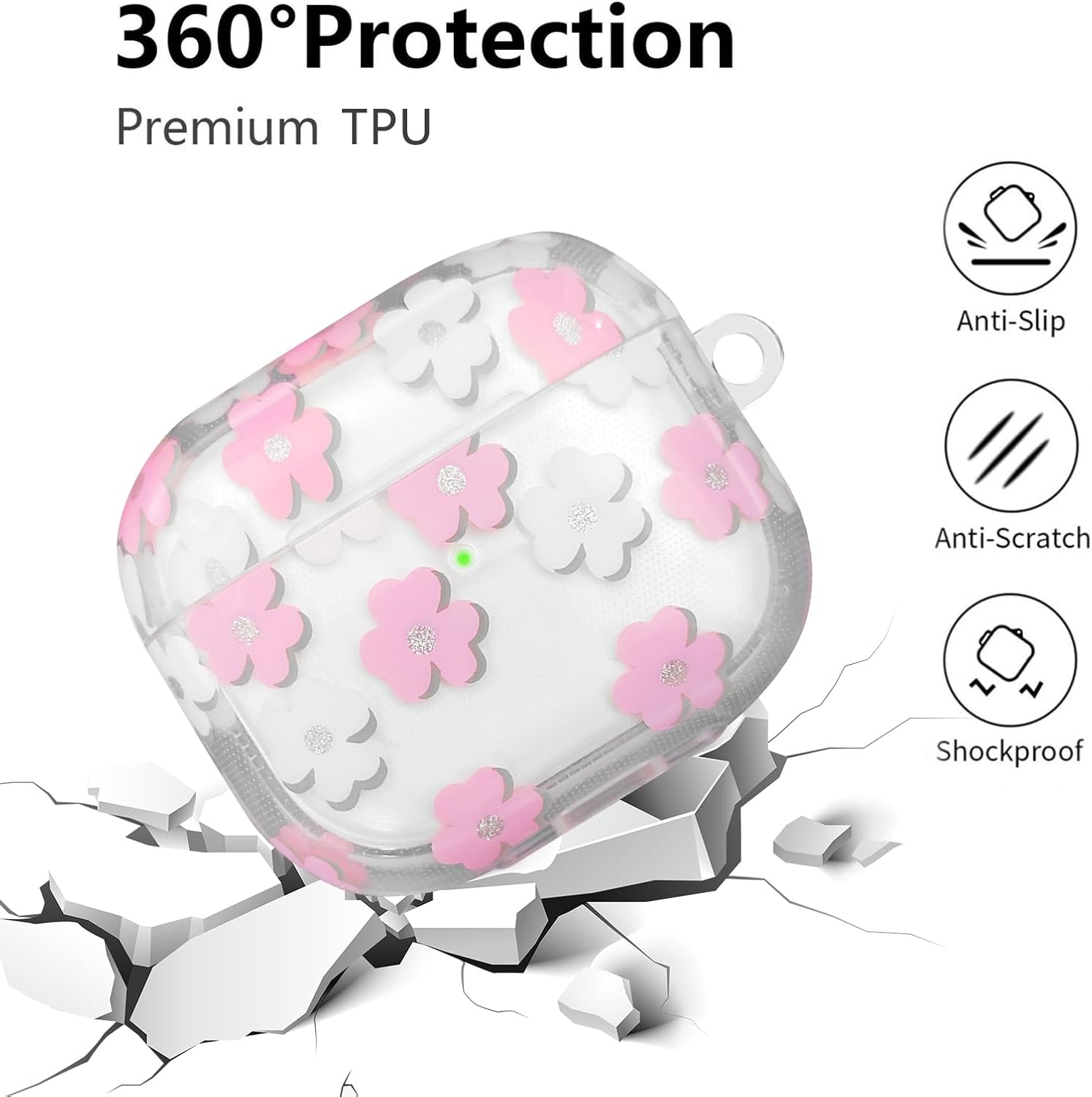 Funda compatible con AirPods 3 2021, funda de TPU suave con bonito patrón de flores para AirPods de 3 generación con llavero de flores y mosquetón