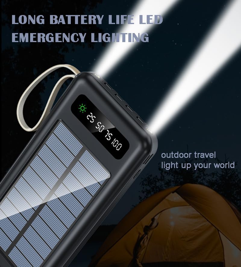 Banco de energía solar de 20000 mAh, con cable de carga 4 en 1, panel solar de carga rápida y carga USB, linterna súper brillante incorporada