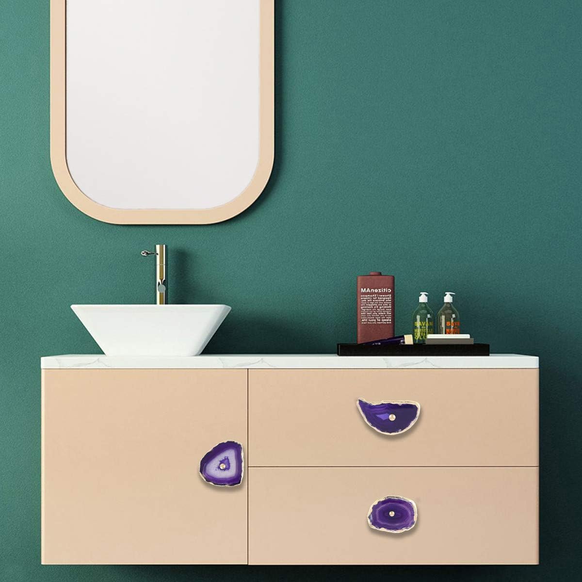 Rockcloud Pomos de ágata morada para cajón, tiradores para armario de aparador, rebanada teñida con pomos de borde chapados en oro para decoración