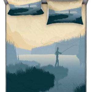 Lunarable Juego de sábanas bajeras y fundas de almohada, ilustración de un pescador pescador en el paisaje brumoso salvaje, estampado decorativo, Lunarable Juego de sábanas bajeras y fundas de almohada, ilustración de un pescador pescador en el paisaje brumoso salvaje, estampado decorativo,