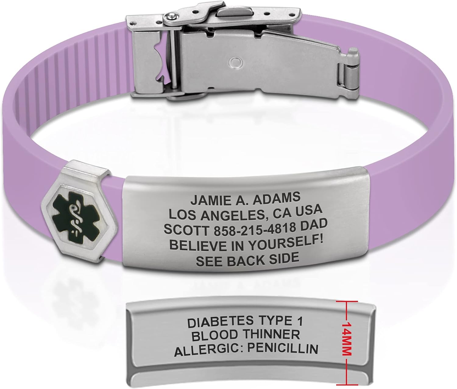 Divoti Pulsera de identificación de alerta médica de silicona grabada de doble cara personalizada con cierre de seguridad y banda de ajuste para