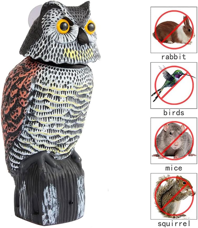 Paquete de 2 estatuas de búho falso con cabeza móvil y sonido búhos de jardín para asustar a los pájaros, búho de plástico para jardín al aire libre