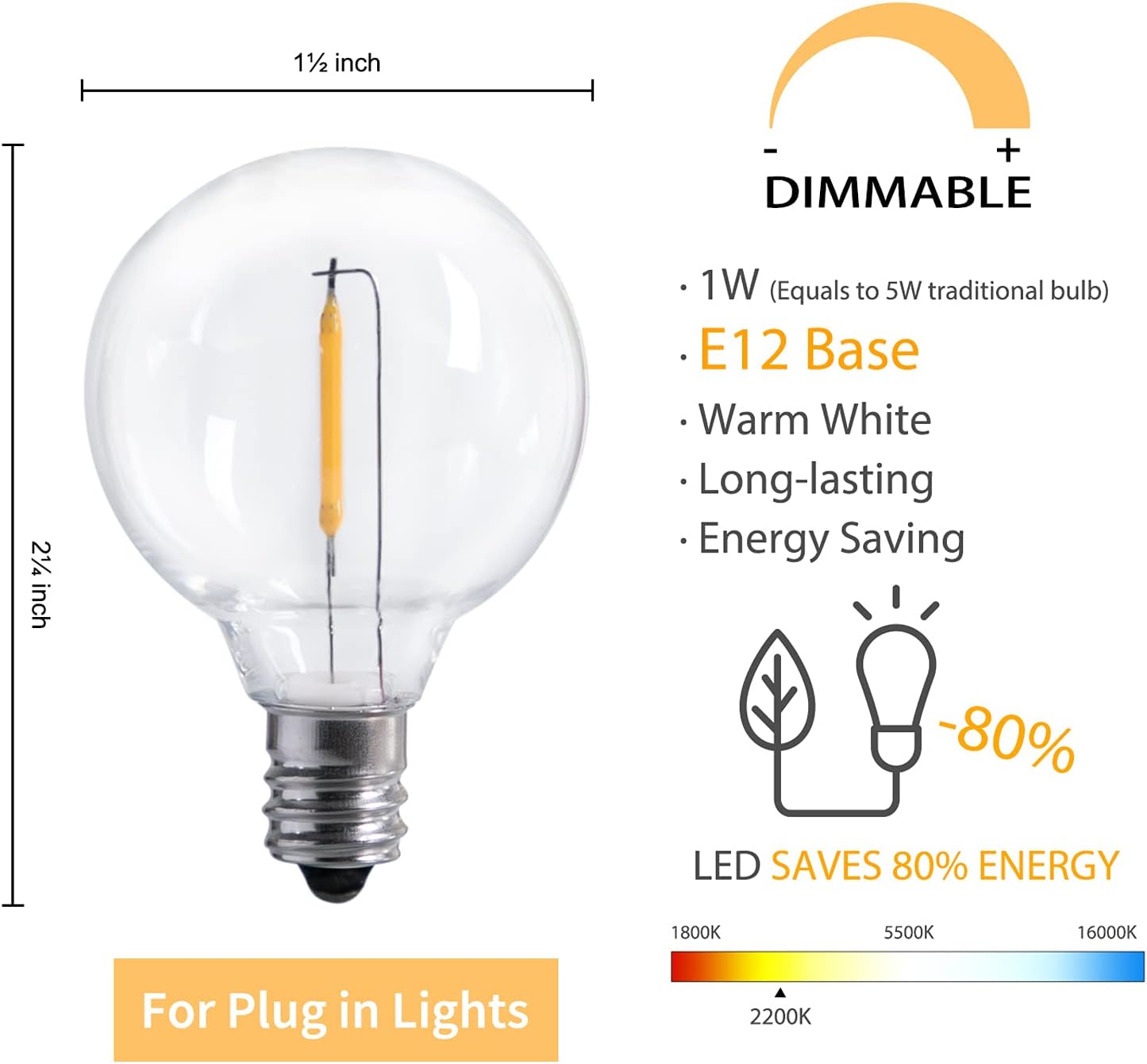 Bombillas LED G40 de repuesto de 1 W, bombilla de globo inastillable para enchufes E12 o C7, bombillas regulables de 1.5 pulgadas, blanco cálido