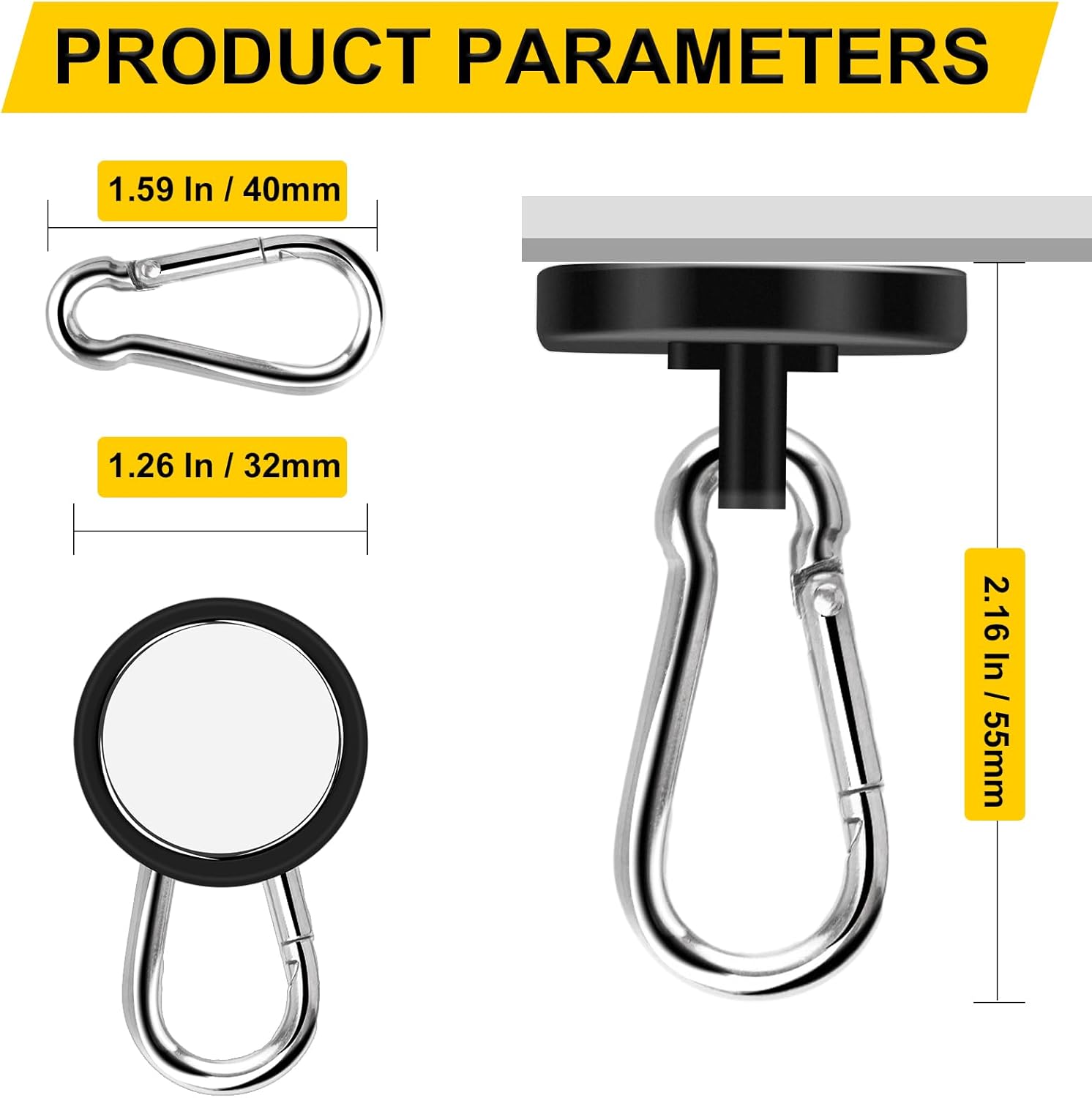 DIYMAG Ganchos magnéticos negros, ganchos magnéticos de neodimio resistentes de 110 libras con gancho de mosquetón giratorio, ideal para tu