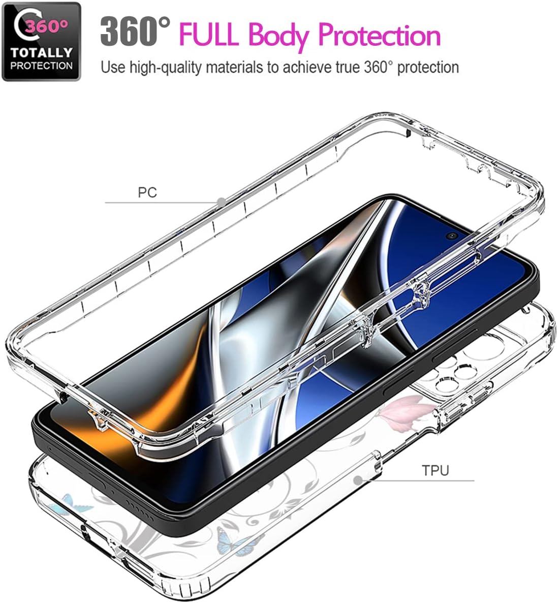 Vavies Funda para Poco X4 Pro 5G, 2201116PG Funda con protector de pantalla de vidrio templado, cuerpo completo transparente con diseño floral,