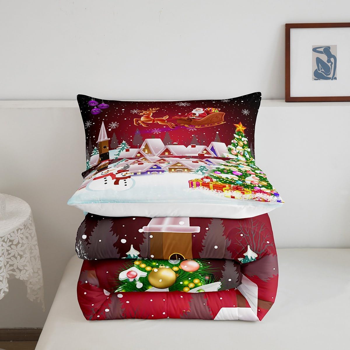 Manfei Juego de edredón de Navidad, tamaño King, juego de ropa de cama de árbol de Navidad de muñeco de nieve, 3 piezas para decoración de