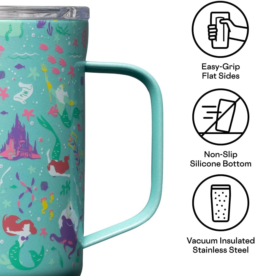 Corkcicle Disney Princess Ariel – Taza de café con triple aislamiento con tapa, vaso de campamento de acero inoxidable con asa, caliente durante más