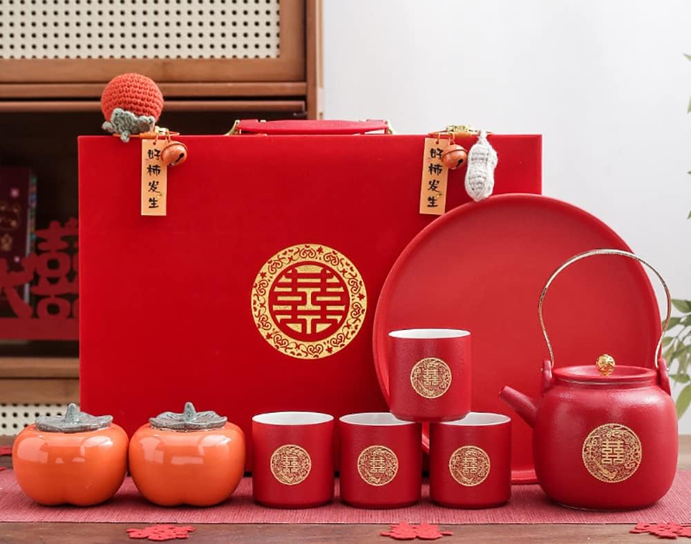 Juego de té de boda rojo de porcelana de doble felicidad, juego de té de boda de diseño de caqui, suministros de decoración de boda tradicionales