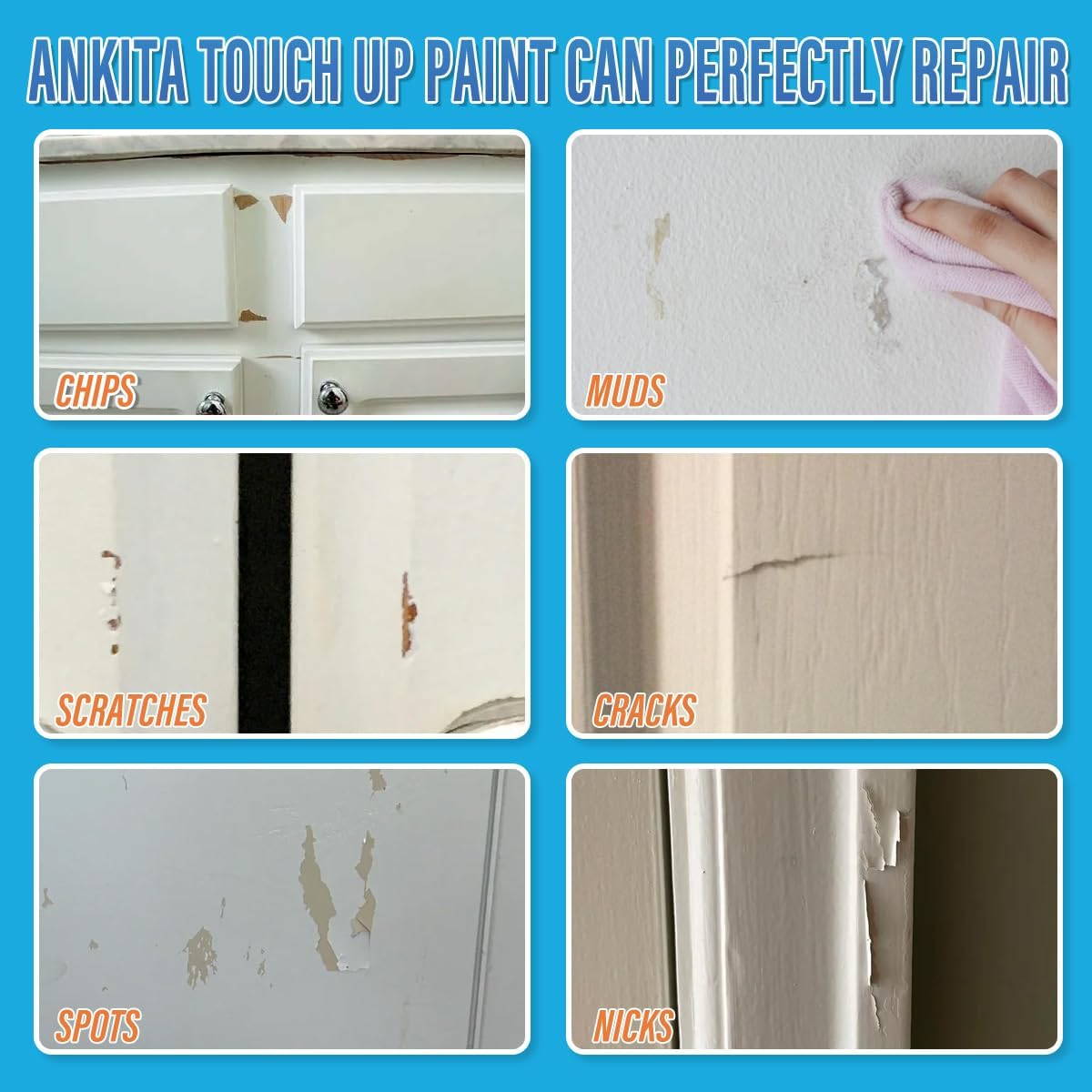 Ankita Pintura de retoque blanca, pintura esmaltada satinada interior y exterior, repara rápidamente virutas menores, grietas, arañazos y manchas,
