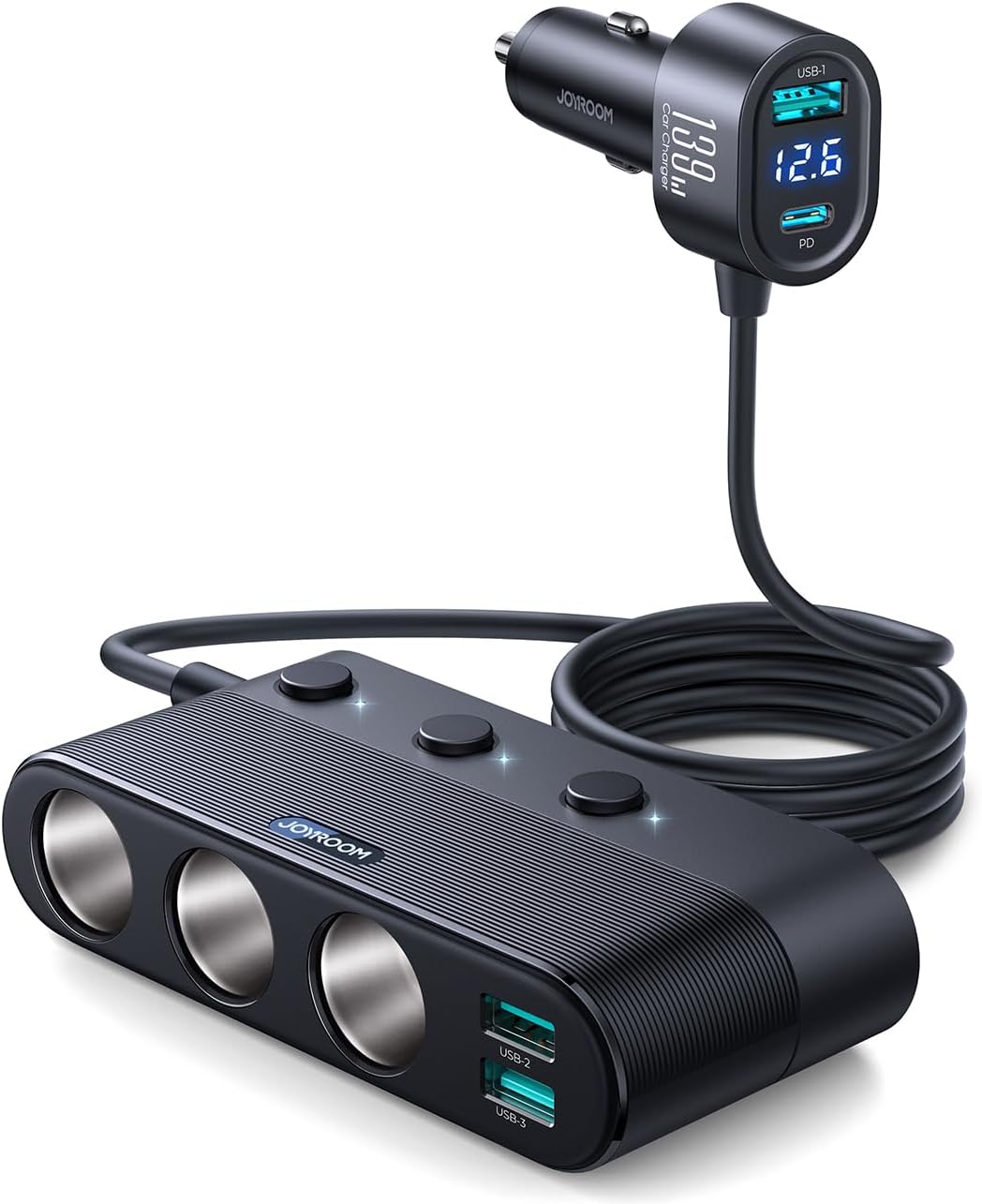 JOYROOM – Divisor de encendedor de cigarrillos 7 en 1, adaptador de cargador de coche de 139 W con carga PD30W (cable de 3.3 pies), adaptador