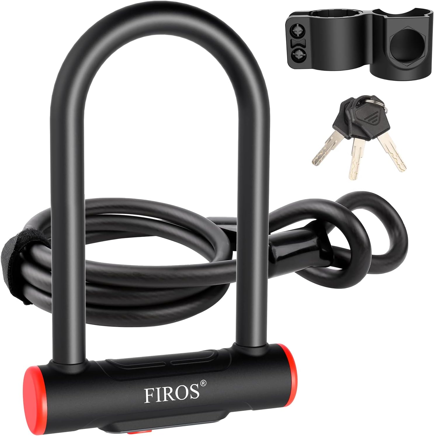 FIROS Candado en U para bicicleta con cable resistente, candado de bicicleta de 0.63 pulgadas con cable de seguridad y soporte de montaje resistente