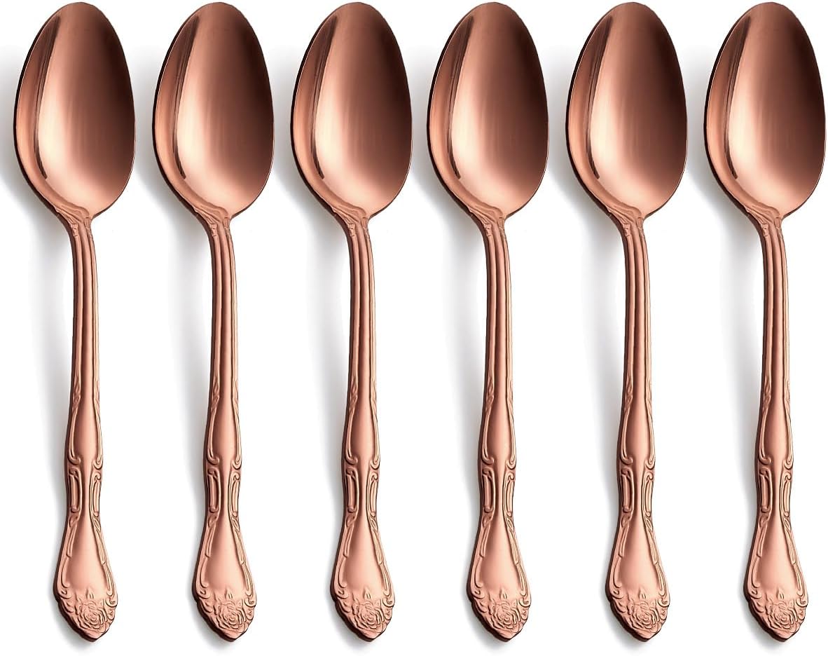 Juego de 6 cucharas de cena color oro rosa mate, acero inoxidable con acabado satinado, juego de 6 cucharas de sopa, diseño de patrón rosa, aptas