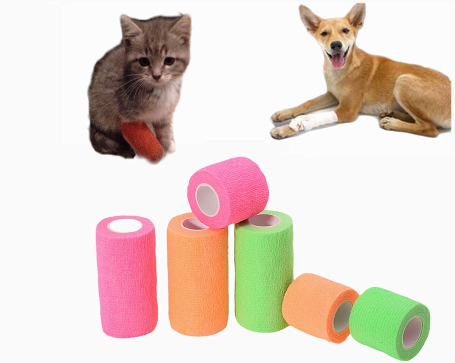 Transun Moo Paquete de 6 vendajes autoadhesivos de 2 pulgadas x 5 yardas, envoltura transpirable y cohesiva para mascotas, cinta elástica