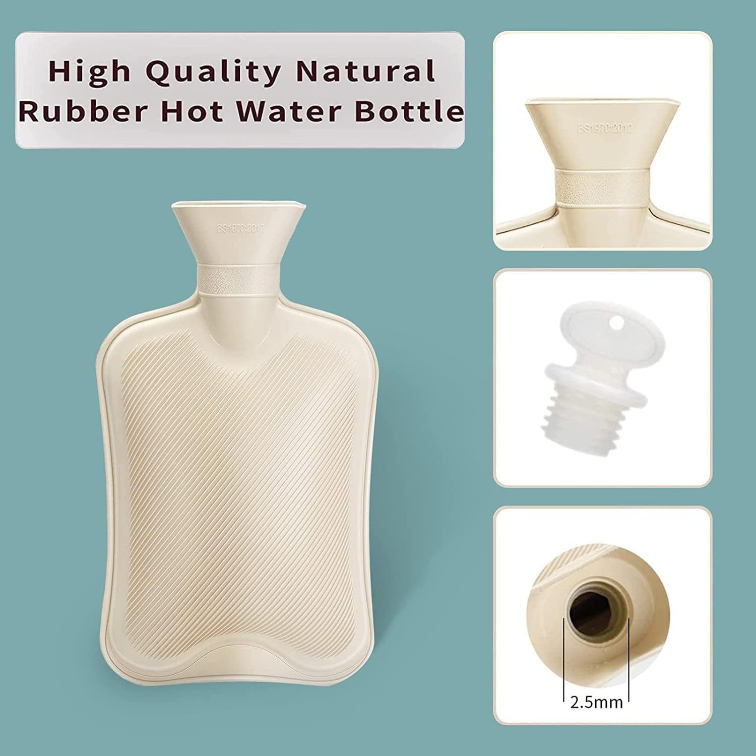 Botella de agua caliente de goma con tapa suave (2 litros), bolsa de agua caliente para calambres, alivio del dolor, paquete extraíble de agua