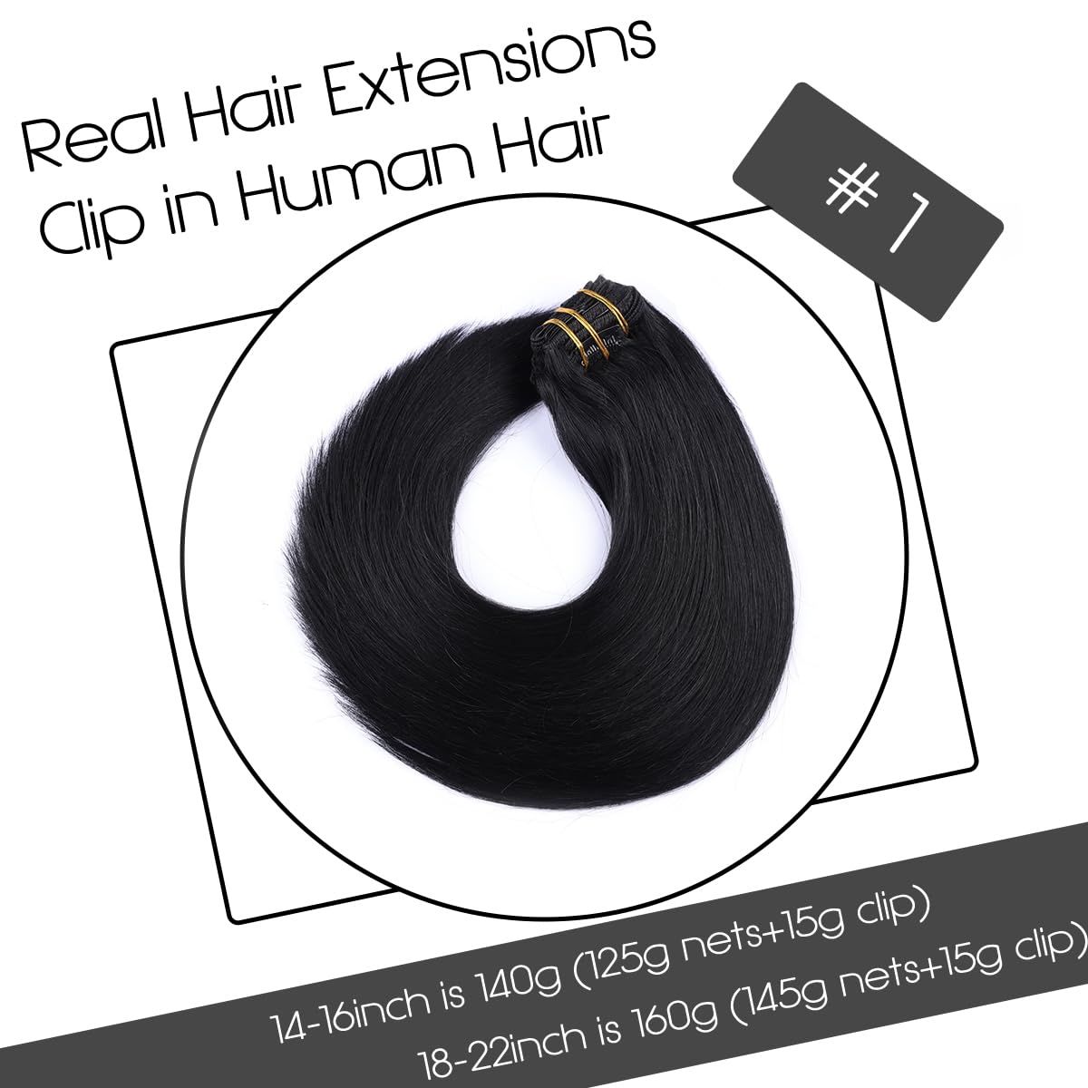 VINBAO Extensiones de cabello humano Remy negro con pinzas, color negro azabache, extensiones de cabello humano grueso con clip, 20 pulgadas, doble