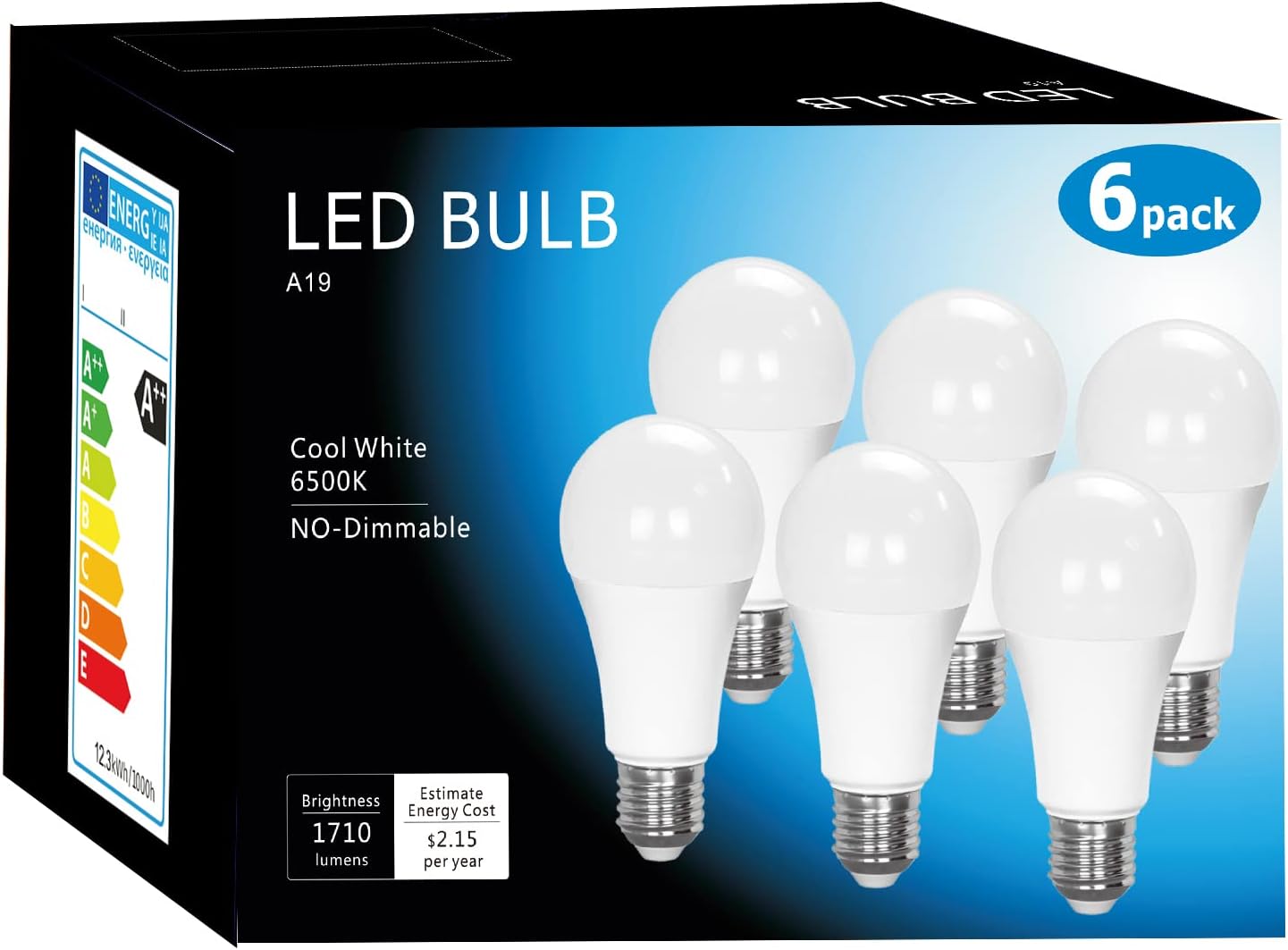 XINNUOFEI Bombillas LED A19 de 6500 K, color blanco frío, 12.3 W, base de tornillo mediano E26, 1710 lúmenes, equivalentes a 100 W, bombillas LED no
