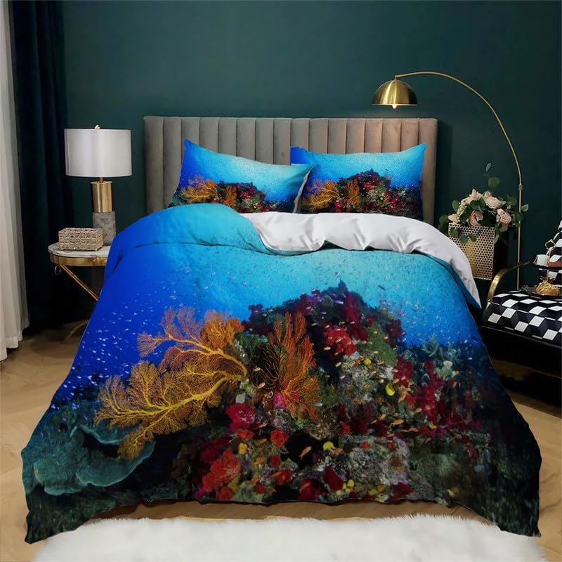Dark Blue Coral Twin Duvet Cover View Print Twin Bedding Sets Soft Microfiber Comforter Cover and 2 Pillow Shams 20″X26″, Bed Set Duvet Covers with