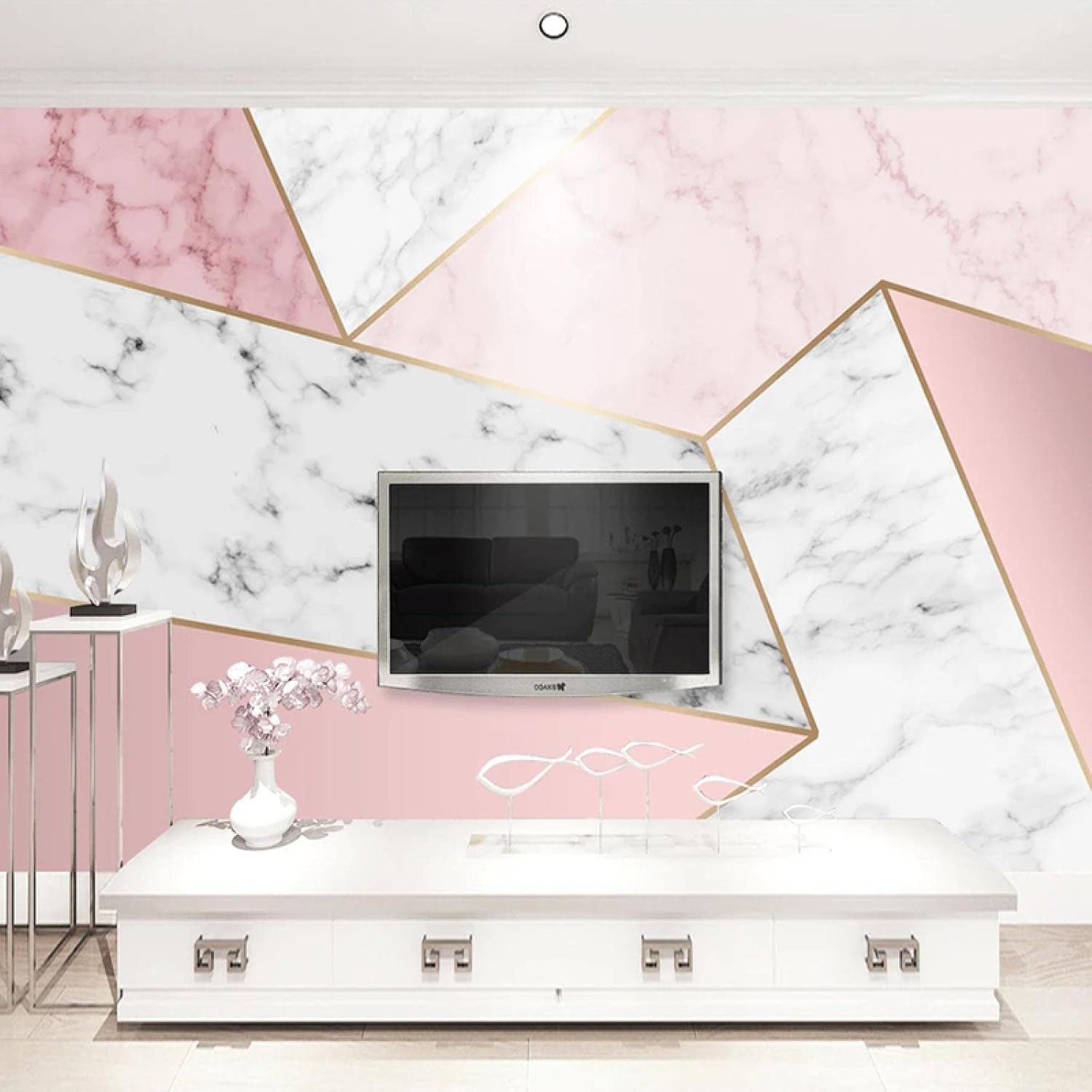 Papel tapiz moderno de mármol 3D de grietas rosas y blancas, cuadros geométricos de rayas doradas, papel tapiz artístico de pintura de pared para
