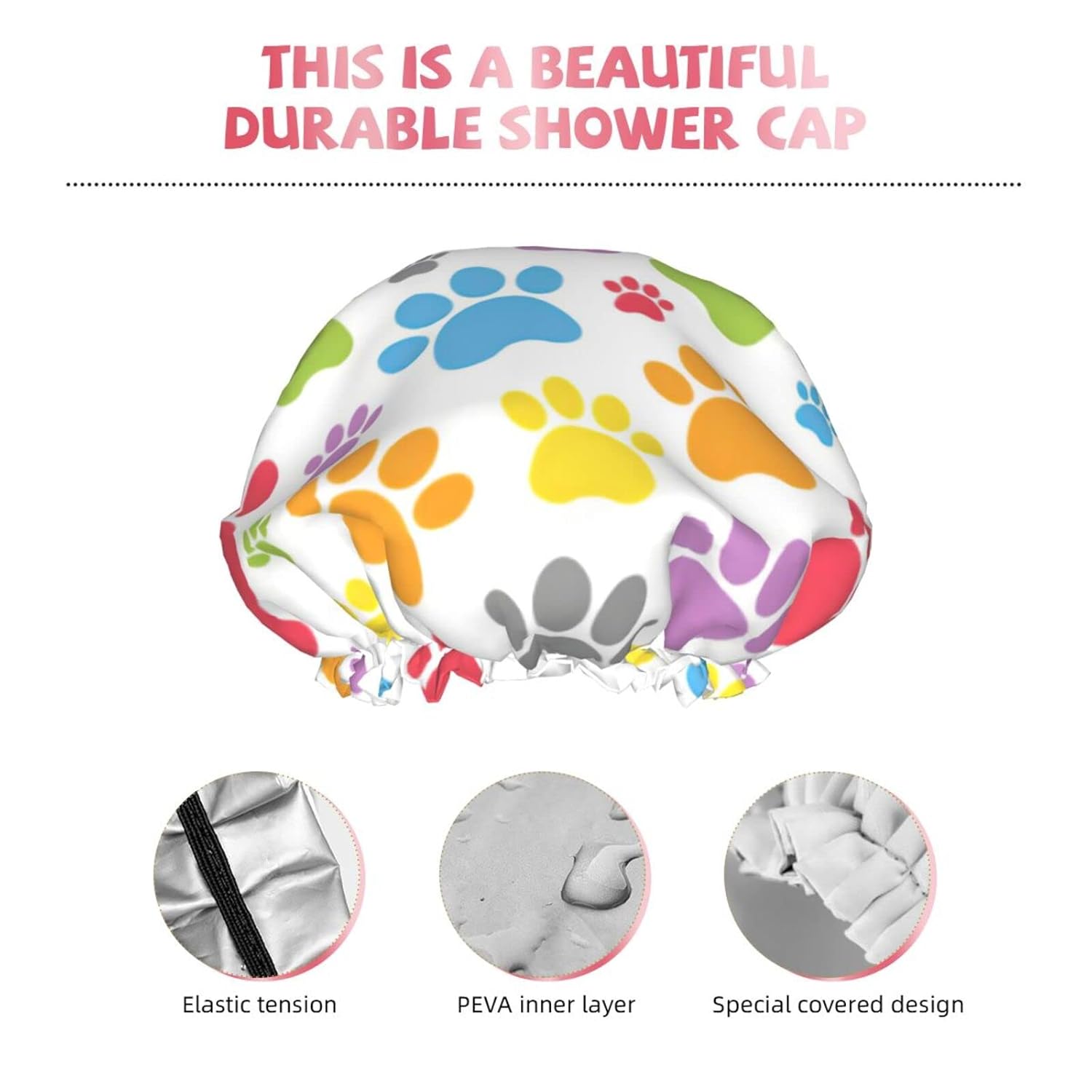 Gorro de ducha reutilizable con estampado de patas de perro para mujer, pelo largo, doble capa impermeable, gorro de ducha para niños, niñas y