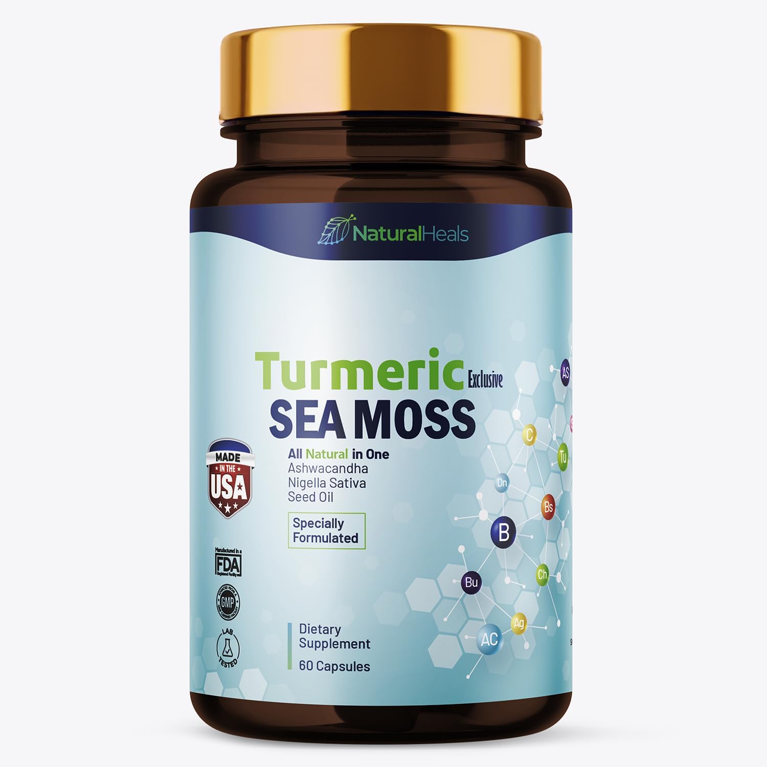Musgo marino 3000 mg Aceite de semilla negra 2000 mg Ashwagandha 1000 mg Cúrcuma 1000 mg Bladderwrack 1000 mg Bardana 1000 mg – 60 Cápsulas Made in