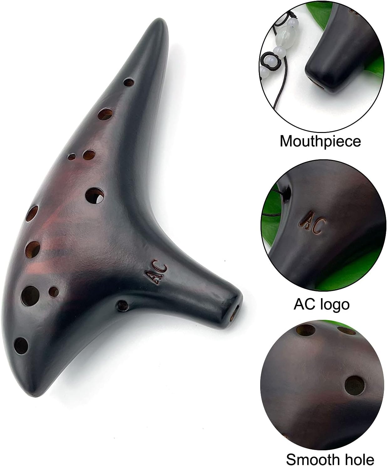 Ocarina Piccolo de cerámica ahumada de 12 hoyos Alto C, instrumento musical, regalo para adultos con bolsa de correa para el cuello