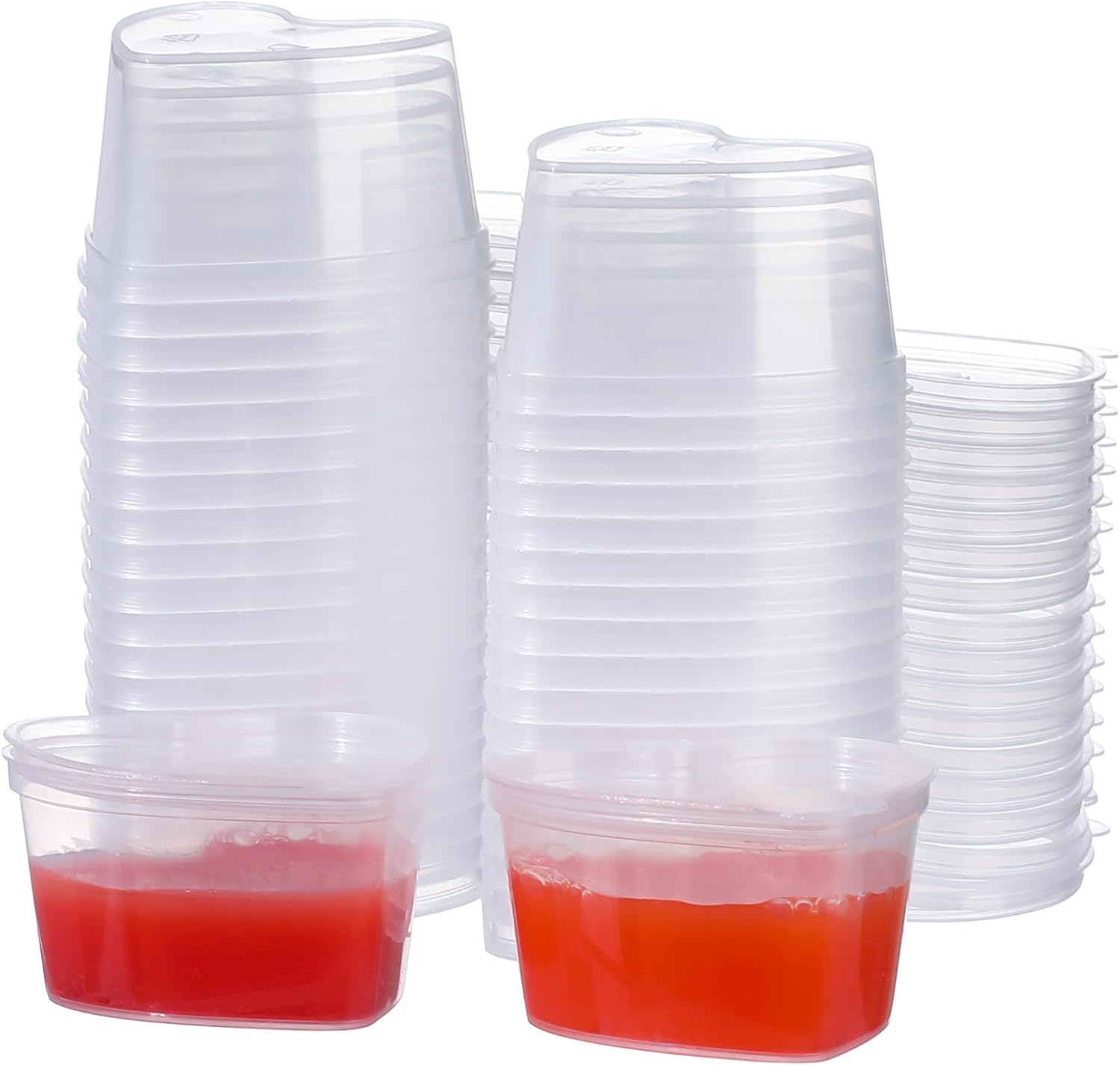 RONRONS 50 tazas de salsa desechables con tapas, vasos de plástico en forma de corazón de gelatina de 1.5 onzas, recipientes transparentes para