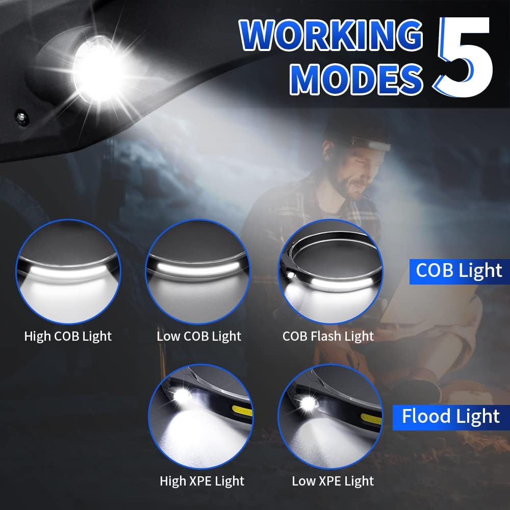 Paquete de 4 faros delanteros recargables, LED con sensor de movimiento, faros delanteros de 5 modos para adultos, faro de haz ancho COB de 230,