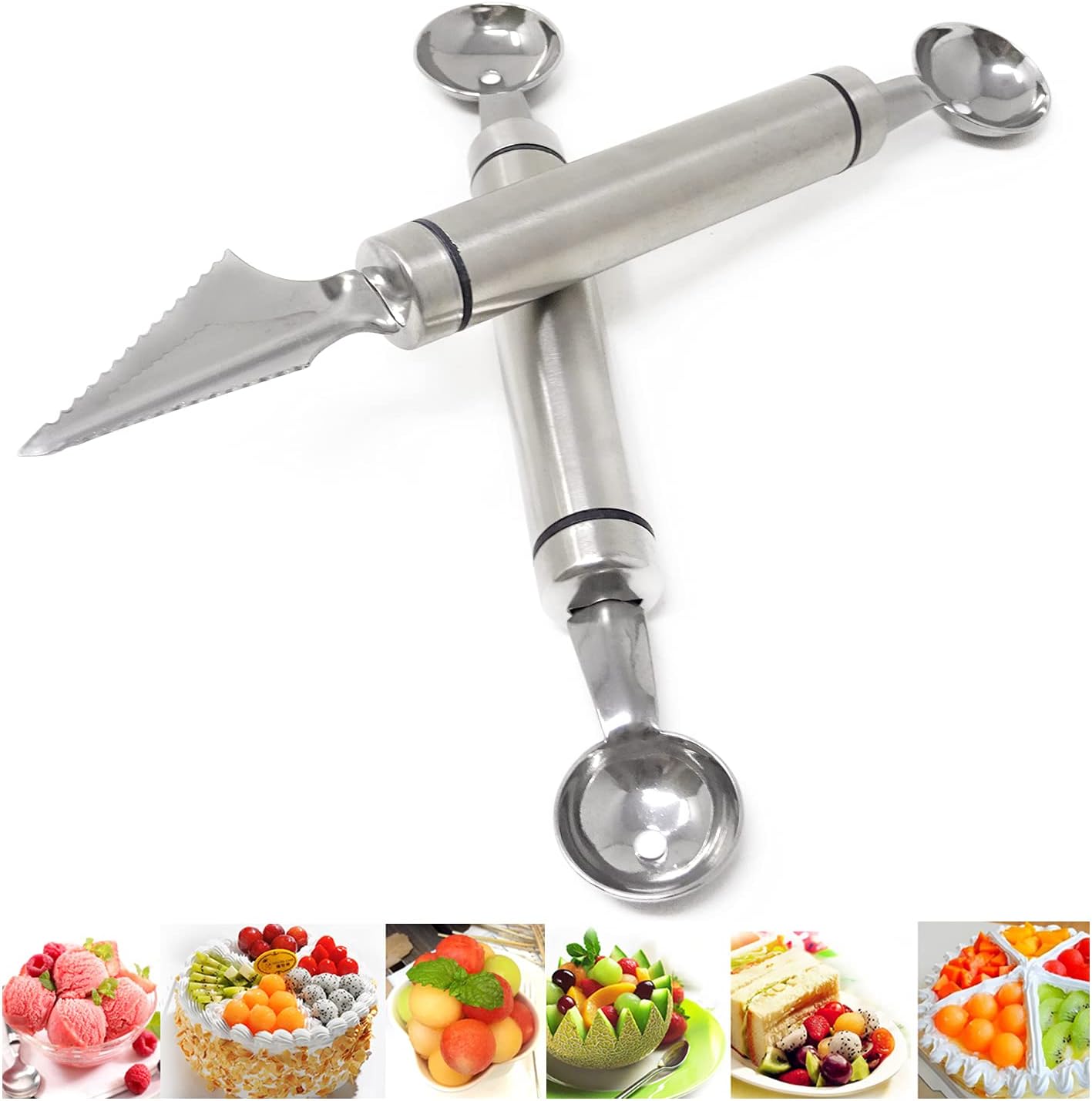 Honbay 2 piezas de acero inoxidable de doble cabeza de melón Baller Scoop cuchillo para tallar frutas, cuchara de cocina de doble propósito,
