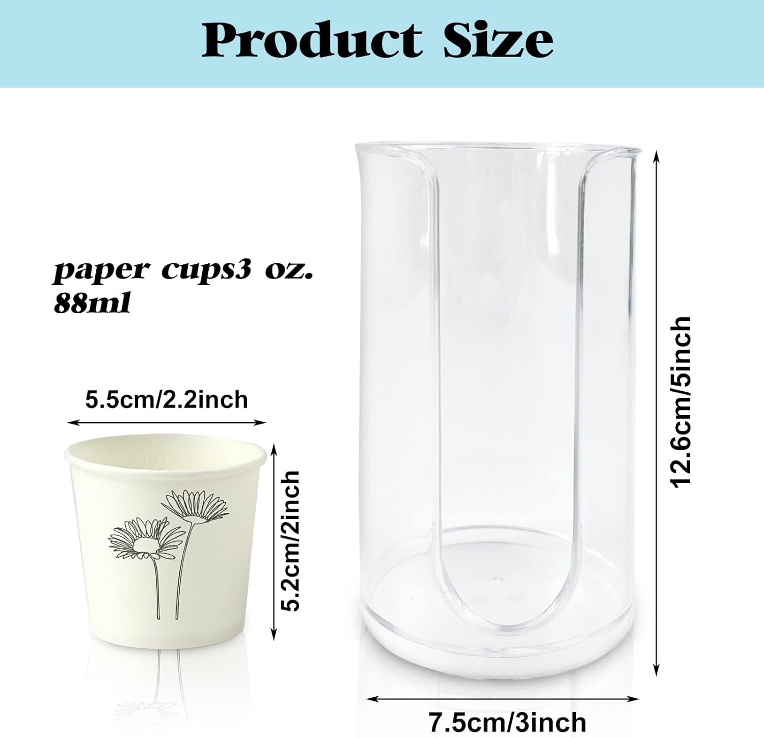 Paquete de 2 dispensadores de vasos de papel desechables para baño, dispensador de plástico compacto pequeño para tazas de plástico para encimeras
