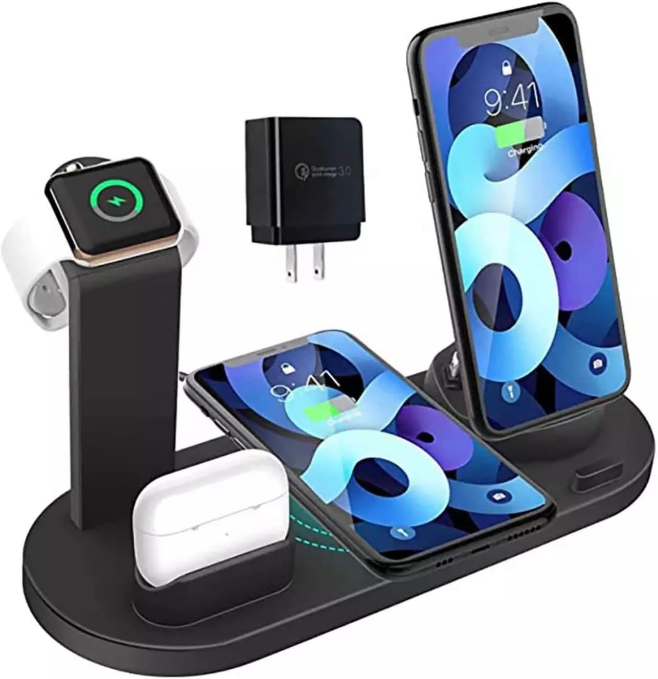 Cargador inalámbrico 4 en 1 Cargadores multifunción 15w Fast 6 en 1 Base de carga para AirPods Watch Phone iPhone 14131211propro maxXXmax (negro)