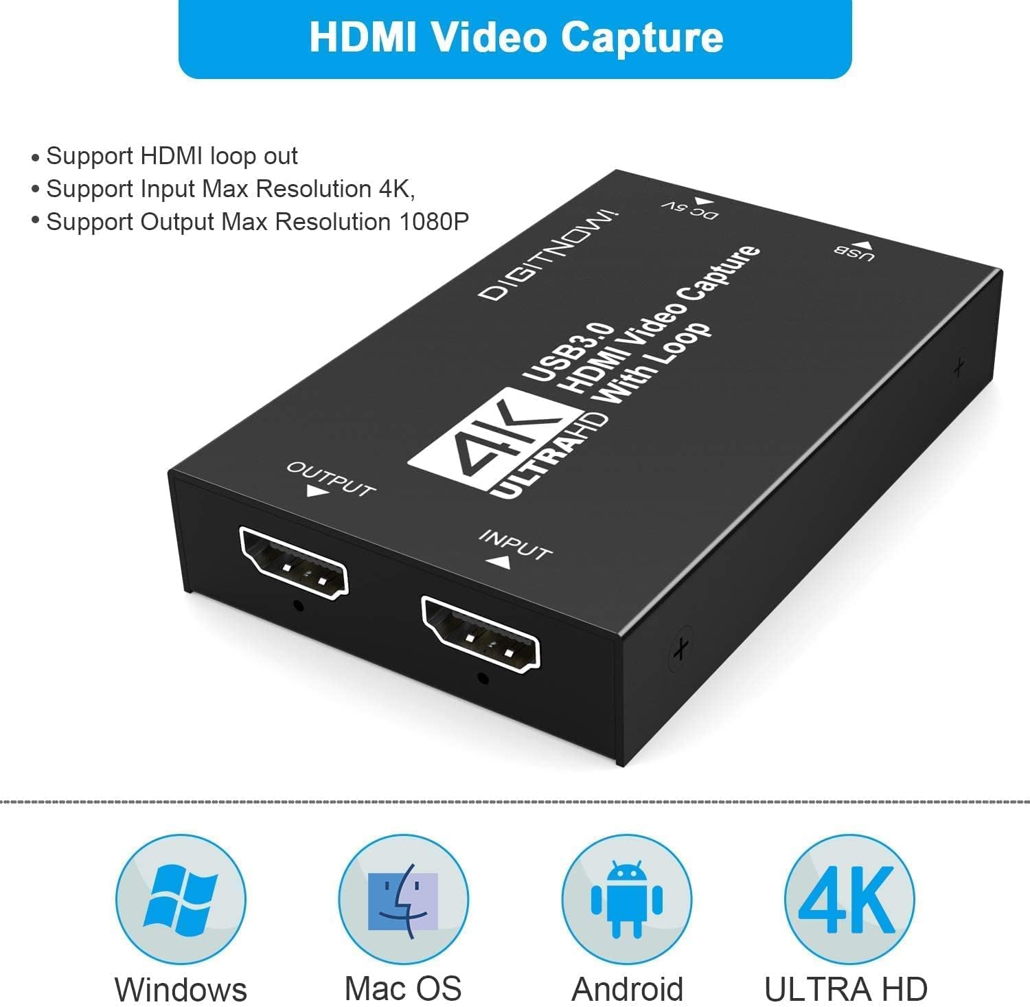 Video Capture Card, 4K HDMI Video Capture, USB 3.0 Game Capture Card, Video Capture Device Full HD 1080p 60FPS for Live Streaming, Work with