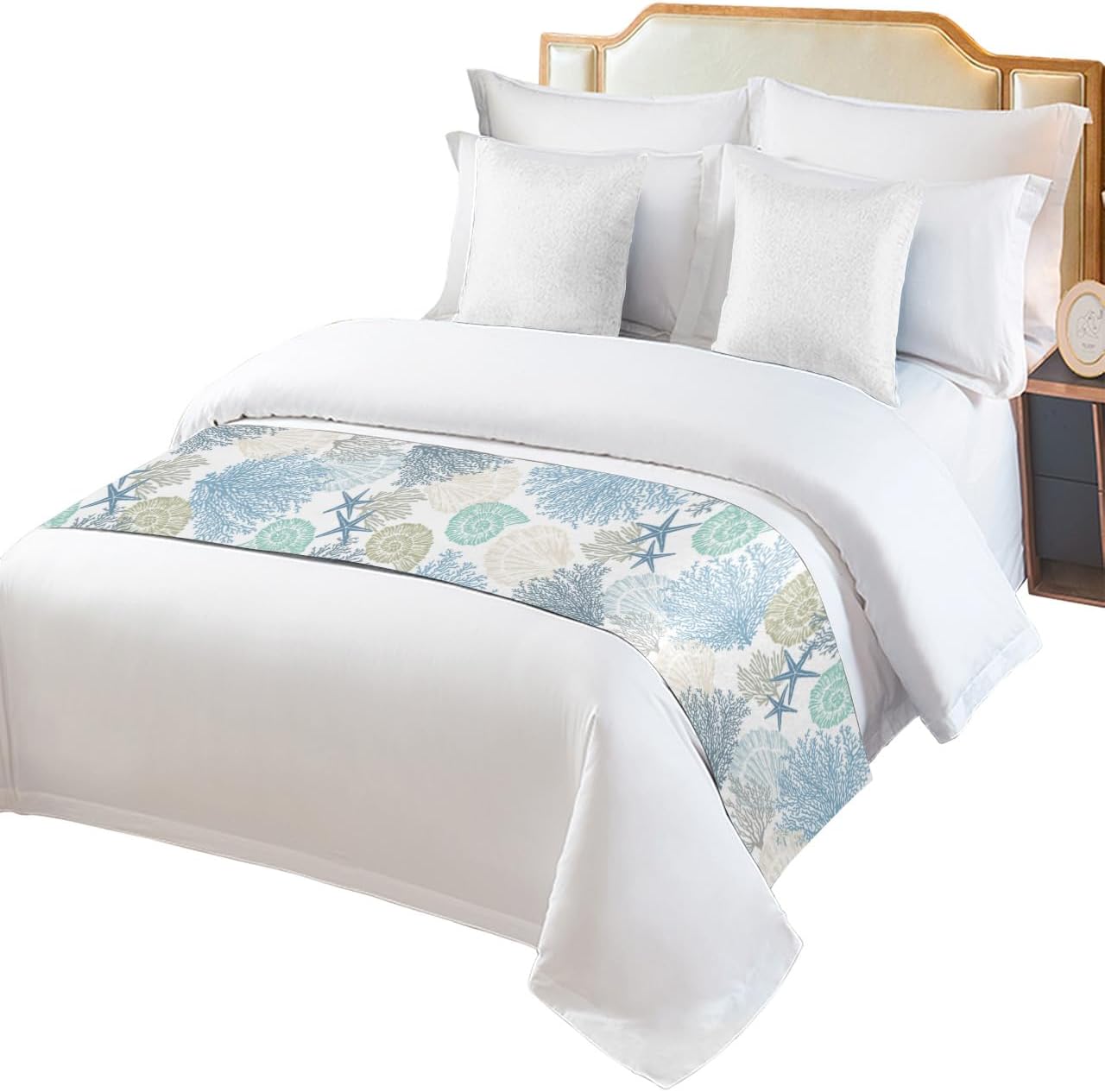 Caminos de cama azul y verde azulado coral para cama tamaño Queen, mantas de cama para pie de cama, playa de verano, estrellas de mar, costero,