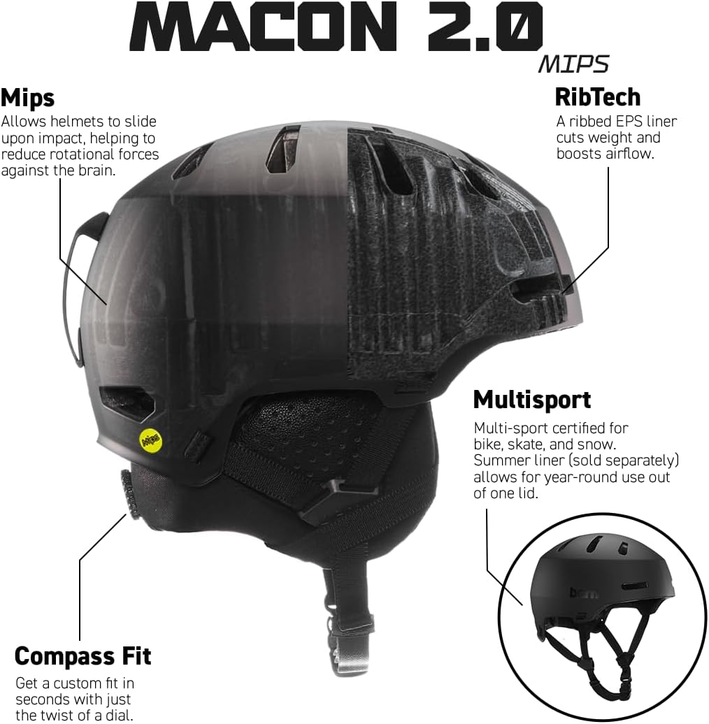 Bern Macon 2.0 – Casco deportivo de esquí y snowboard para hombres y mujeres, estilo borde, certificado multideporte, protección contra impactos