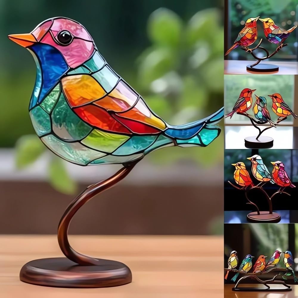 Adornos de escritorio de pájaros en rama, acrílico manchado de doble cara, estatua multicolor de colibrí, escultura de pájaro de arte de metal,