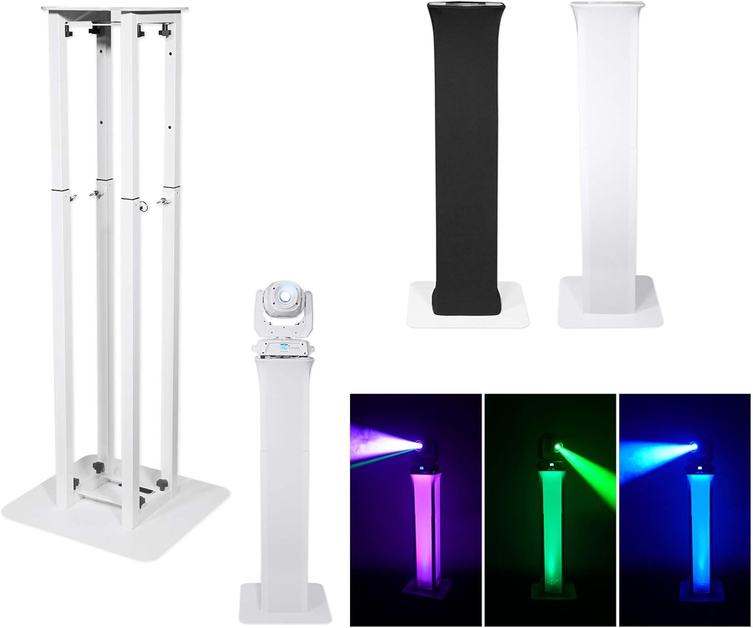 (2) Rockville RTP32W Totem – Soporte de luz de cabeza móvil + Scrims negro+blanco+bolsas de transporte para focos Chauvet Rogue R1X